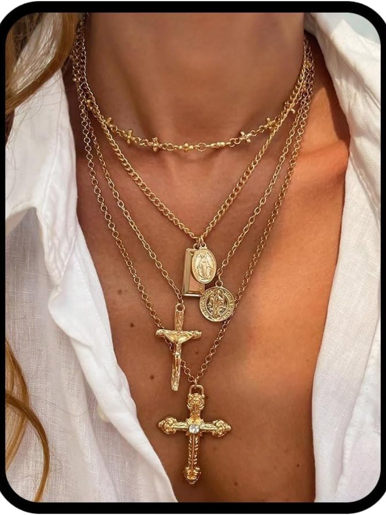 Layered Cross Necklace Set For Women Men Multi Chain Gold Silver Cross Pendant